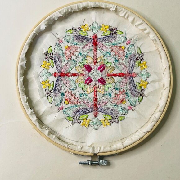 Dragonfly Art Wall Hanging Embroidered Hoop Framed 8" Set of 2 Handmade New - Picture 8 of 11